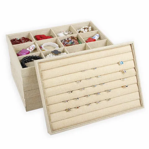 Leinen Schmuck Display Tablett Ring Ohrring Necklace Aufbewahrung Organizer Theke Vitrine Tablett