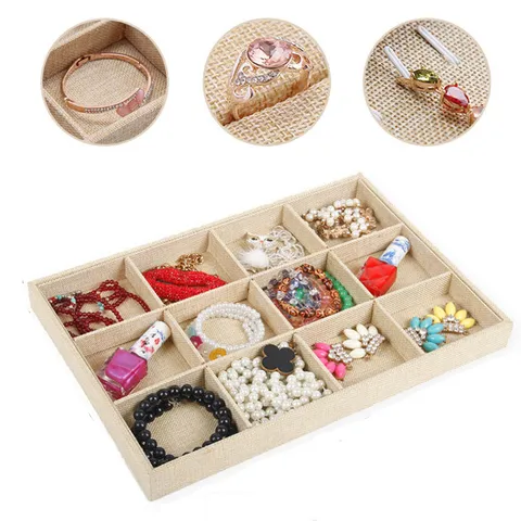 Leinen Schmuck Display Tablett Ring Ohrring Necklace Aufbewahrung Organizer Theke Vitrine Tablett