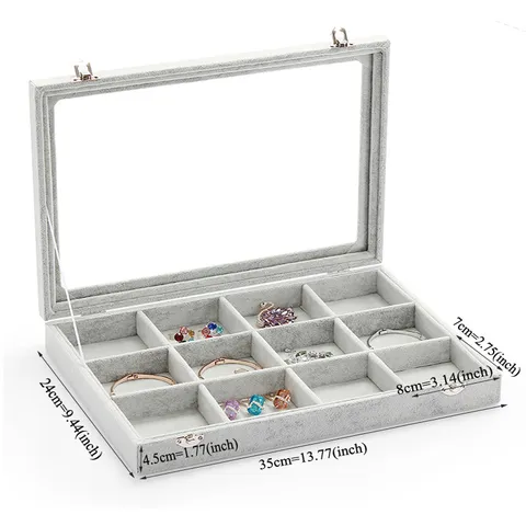 Velvet Jewelry Display Tray With Glass Lid Ring Earring Necklace Storage Organizer Box Showcase Holder