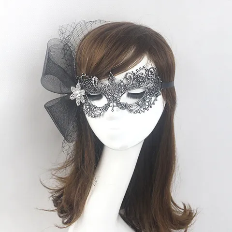 Luxury Rhinestone Lace Masquerade Mask Silver Gray Mesh Bow Party Mask For Halloween Carnival Costume