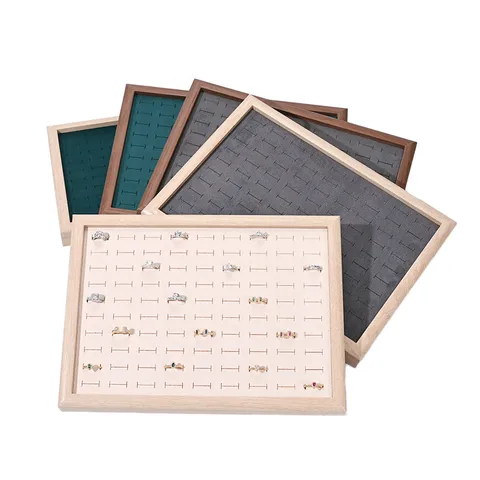Solid Wood Jewelry Display Tray Rectangular Ring Storage Box With Velvet Lining Multi Slot Ring Holder For Earrings