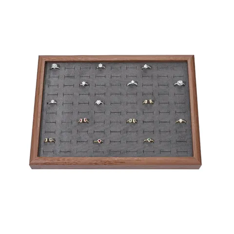 Solid Wood Jewelry Display Tray Rectangular Ring Storage Box With Velvet Lining Multi Slot Ring Holder For Earrings