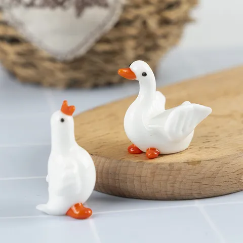 Cute Mini White Glass Goose Figurine Handmade Animal Statue Desktop Decoration Photography Props Home Decor
