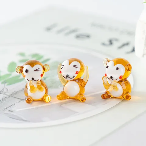 Handmade Glass Monkey Figurine Cute Animal Ornament Miniature Glass Craft Desktop Decor for Home Office Modern Style