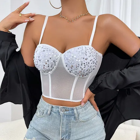 Γυναικείο Sexy Mesh Διαπνέον Ατσάλινο Δαχτυλίδι Corset Με Επένδυση V-Neck Slim Cami Vest Summer Party Club Wear