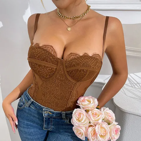 Women Sexy Lace Spliced Bodysuit Sheer Mesh Cami Bodysuit With Underwire Slim Fit Lingerie One Piece Top