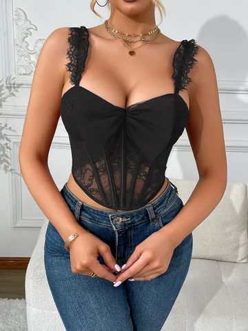Vrouwen Sexy Spicy Girl Kant Transparant Cami Strik Korset Met Beengenezing Crop Top Zomer Mode Slim Fit Tank Top