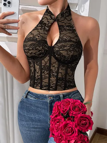 Women Sexy Fishbone Corset Top Halter Neck Lace Jacquard Backless Sleeveless Bustier Party Clubwear Outfits