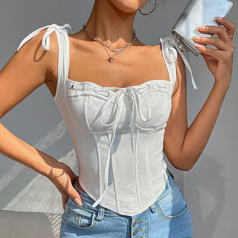 Vrouwen Sexy Slim Fit Corset Camisole Vest Vierkante Hals Strik Vetersluiting Effen Kleur Korte Top