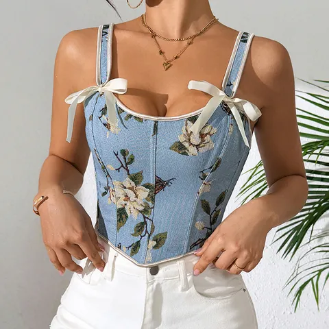 Women French Vintage Floral Printed Corset Top Sexy Bow Lace Up Slim Fit Camisole