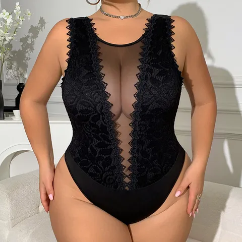 Femmes Grande Taille Sexy Dentelle Patchwork Transparent Mesh Body Slim Fit Sans Manches Col V Cami Body Vêtements D'Extérieur