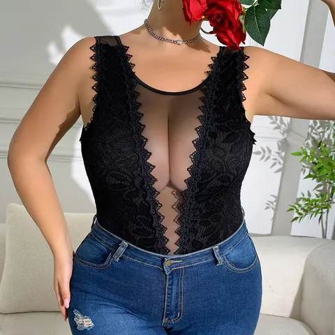Femmes Grande Taille Sexy Dentelle Patchwork Transparent Mesh Body Slim Fit Sans Manches Col V Cami Body Vêtements D'Extérieur