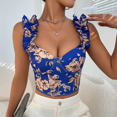 Women Sexy V-Neck Floral Print Bustier Top Summer Sleeveless Corset Crop Top with Boning and Chest Pad