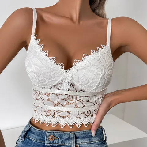 Damen Sexy Spitzenbesatz Durchbrochen Dünner Cup Camisole Sommer Lässig Basic Ärmellos Crop Top Unterwäsche Oberbekleidung