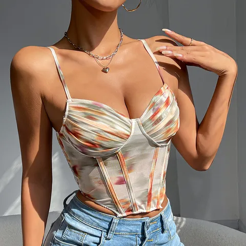 Top Corset Imprimé Floral Vintage pour Femmes Design Mesh Sexy Fishbone Caraco Rétro Français Slim Fit Bustier Mode d'Été Streetwear