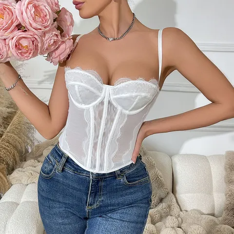 Women's Sexy Lace Bustier Corset Top Sheer Mesh Push Up Crop Cami Top