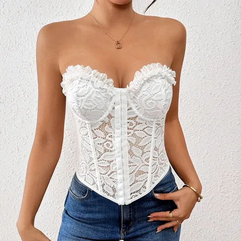 Women Sexy Lace Sheer Boned Corset Top Palace Style Strapless Bustier Crop Top Underwire Without Chest Pad