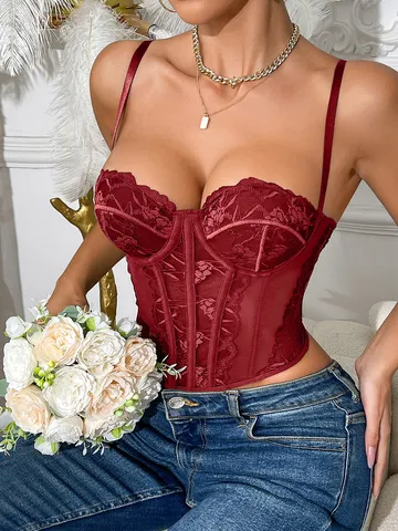 Women Sexy Lace Patchwork Corset Top Sweetheart Neck Boned Slim Fit Crop Camisole Fashion Summer Streetwear Outfits