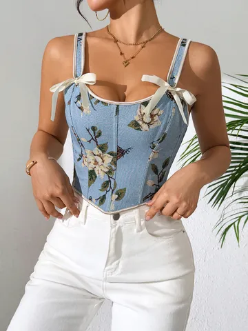 Damen Französisch Vintage Blumenmuster Korsett Top Sexy Schnürung Trägern Schleife Spagettiträger Top Slim Fit Crop Tank Top Modische Bekleidung
