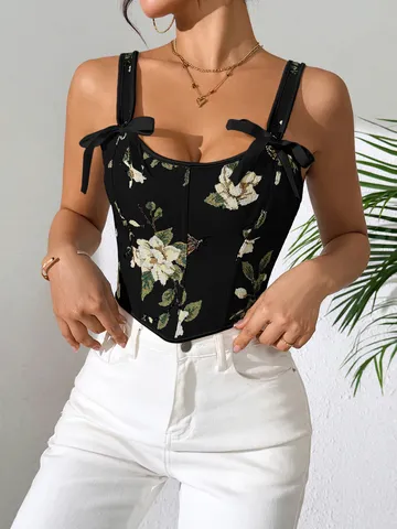 Camisola con Estampado Floral Vintage para Mujer Retro Slim Fit Crop Tank Top Tirantes con Lazo Sexy Streetwear Moda Verano