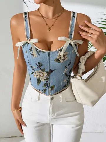 Damen Französisch Vintage Blumenmuster Korsett Top Sexy Schnürung Trägern Schleife Spagettiträger Top Slim Fit Crop Tank Top Modische Bekleidung