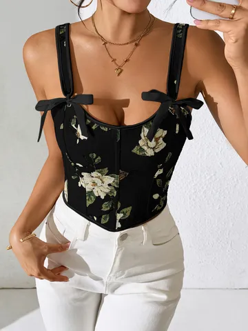 Camisola con Estampado Floral Vintage para Mujer Retro Slim Fit Crop Tank Top Tirantes con Lazo Sexy Streetwear Moda Verano