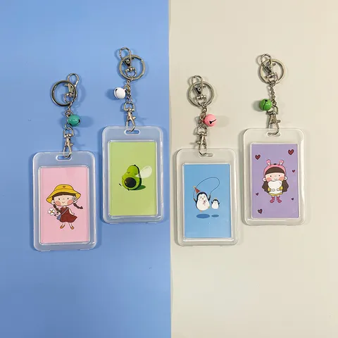 Transparent Plastic ID Card Holder Cute Cartoon Bus Student Work Badge Cover With Keychain Lanyard Key Ring