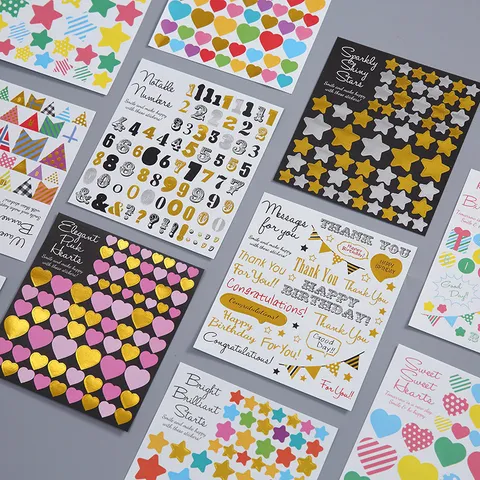 Pegatinas Decorativas DIY Estampadas en Oro Estrellas Corazones Pancartas Coloridas
