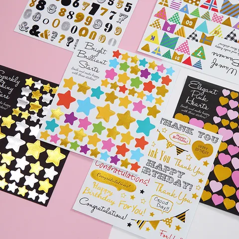 Pegatinas Decorativas DIY Estampadas en Oro Estrellas Corazones Pancartas Coloridas