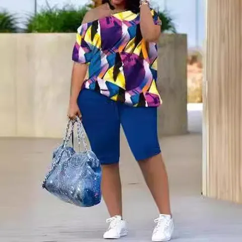 Women Summer Off Shoulder Printed Short Sleeve Top And Bottom Set Ruched Shorts Two Piece Polyester Casual Outfit