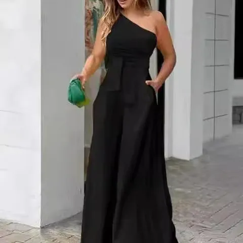 Women Slant Neck One Shoulder Jumpsuit Tie Waist Wide Leg Jumpsuit Sleeveless High Waist Romper With Pockets Summer Casual