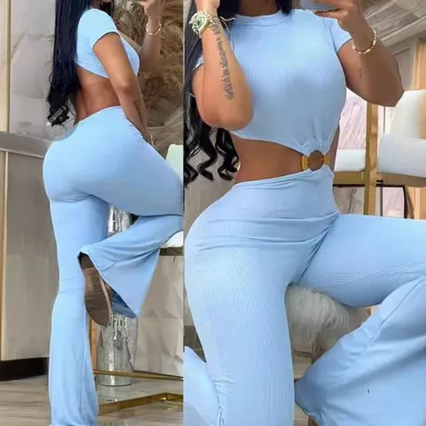 Sexy Women Backless Cutout Jumpsuit Round Neck Ribbed Flared Pants One Piece Yoga Sporty Bodysuit Slim Fit Polyester Outfit