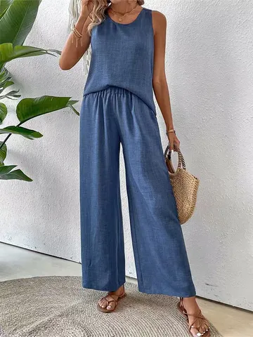 Women Casual Top And Bottom Set Sleeveless Hollow Out Back Floral Crochet Top With Wide Leg Pants Solid Color Fashion Summer Outfit