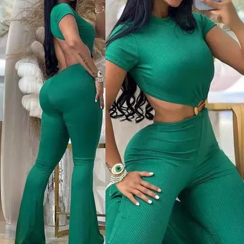 Sexy Women Backless Cutout Jumpsuit Round Neck Ribbed Flared Pants One Piece Yoga Sporty Bodysuit Slim Fit Polyester Outfit