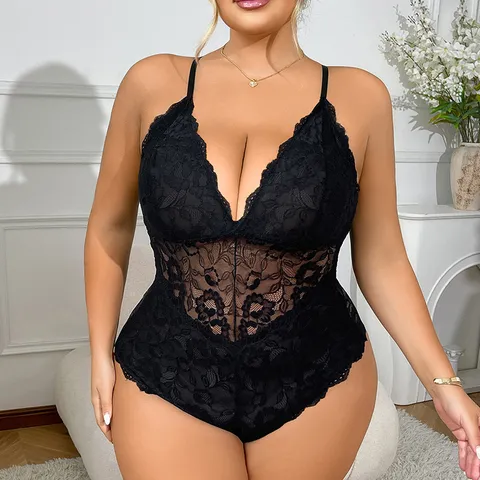 Women's Plus Size Sexy Lace Bodysuit Backless V-Neck Sleeveless Slim Fit Lingerie Sexy Underwear For Women