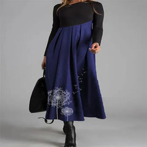 Women's Color Block Print V-Neck Long Sleeve Woolen Spliced Maxi Dress Casual Elegant Autumn Winter Swing Dress