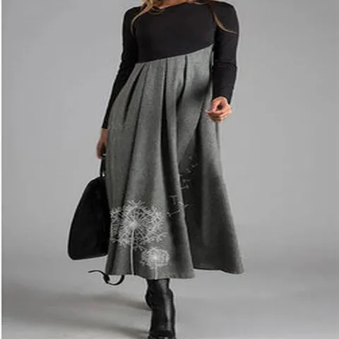 Women's Color Block Print V-Neck Long Sleeve Woolen Spliced Maxi Dress Casual Elegant Autumn Winter Swing Dress