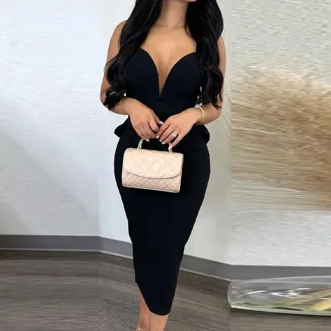 Robe Midi Élégante Unie pour Femmes Sexy Dos Nu Col en V Taille Haute Nœud fente Élastique Robe de Soirée