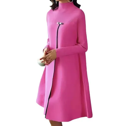 Elegant Solid Color Mock Neck Long Sleeve High Waist A-Line Midi Dress For Women Casual Commuting Fashion Slimming Polyester Dress