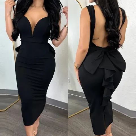 Robe Midi Élégante Unie pour Femmes Sexy Dos Nu Col en V Taille Haute Nœud fente Élastique Robe de Soirée