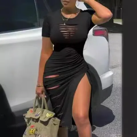 Women Sexy Round Neck Short Sleeve Distressed Hollow Out Ruched Bodycon Midi Dress With Side Slit Solid Camouflage Gradient Polyester Streetwear Clubwear