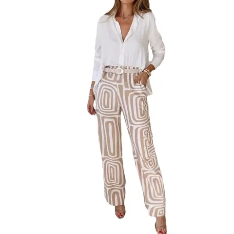 Women Casual Long Sleeve Turn Down Collar Shirt And Geometric Printed Wide Leg Pants Top And Bottom Chic Streetwear