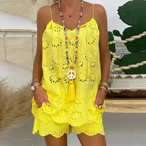 Women's Western Eyelet Lace Camisole And Shorts Set Hollow Out Embroidery Sleeveless Ruffle Top And Bottom Vacation Suit