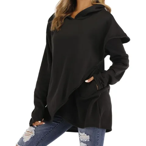 Women Asymmetric Hem Hoodie Long Sleeve Mid-Length Pullover Polyester Sweatshirt Solid Color Casual Hooded Top For Autumn Winter