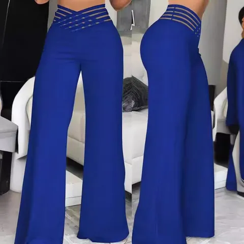 Women's High Waist Hollow Out Wide Leg Pants Polyester Straight Loose Trousers Solid Color Casual Streetwear Fashion Bottoms
