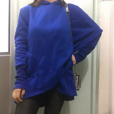 Women Asymmetric Hem Hoodie Long Sleeve Mid-Length Pullover Polyester Sweatshirt Solid Color Casual Hooded Top For Autumn Winter