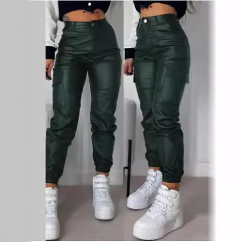 Women Casual Polyester Cargo Pants High Waist Motorcycle Jogger Pants With Pockets Ruffle Slim Fit Streetwear Fashion Trousers