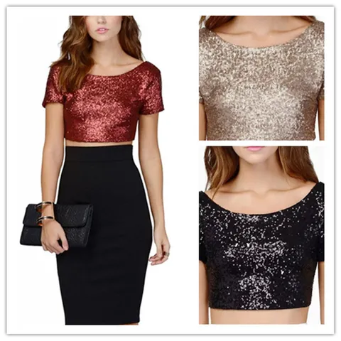 Women Sexy Sequin T-Shirt Crop Top Polyester Patchwork Round Neck Short Sleeve Backless Slim Fit Party Clubwear Fashion Top