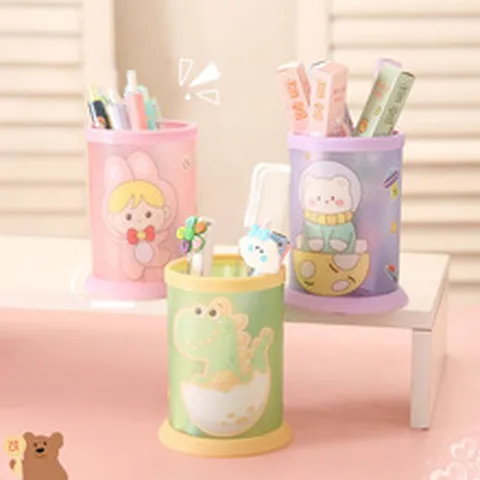 Creative Cartoon Round Pen Holder Cute Student Desktop Stationery Storage Bucket Plastic Pencil Organizer Desk Decor