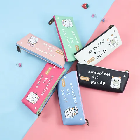 Korean Style Cute Cartoon Cat Waterproof PU Leather Triangular Pencil Case Large Capacity Student Stationery Bag